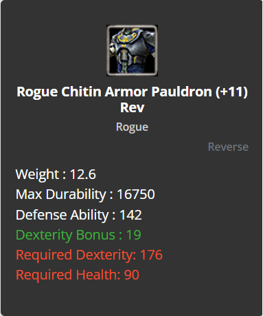 Rogue Chitin Armor Pauldron +11 (Reverse)